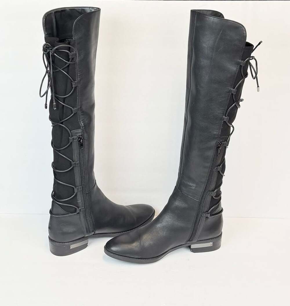 Vince Camuto Parle Black Leather and Fabric Stretch Knee High Boots Size 7.5M